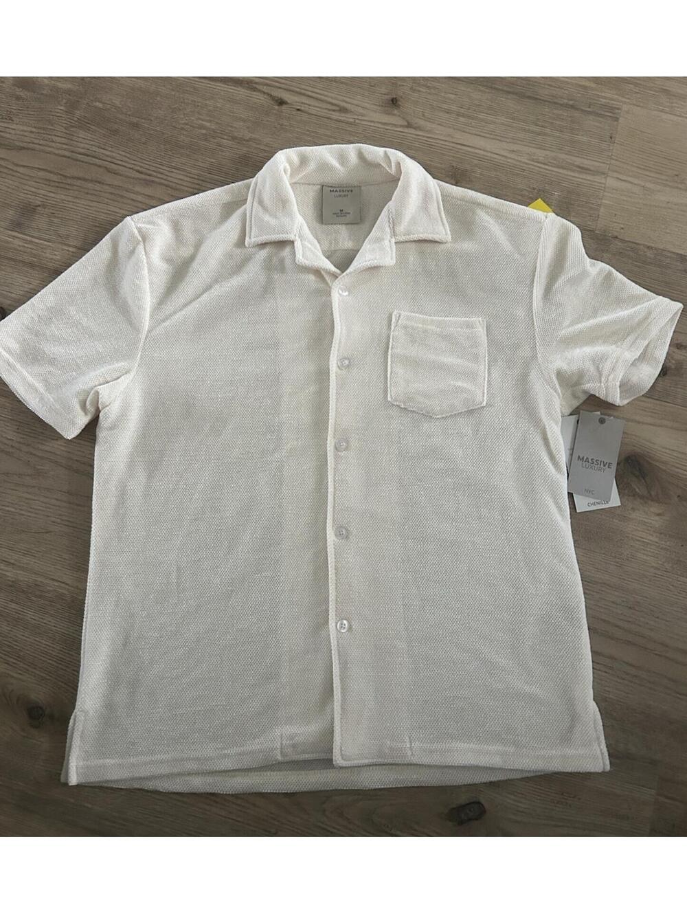 Massive Luxury Cabana Polo Shirt Men's Large Beige Chenille Knit Crochet NWT Med